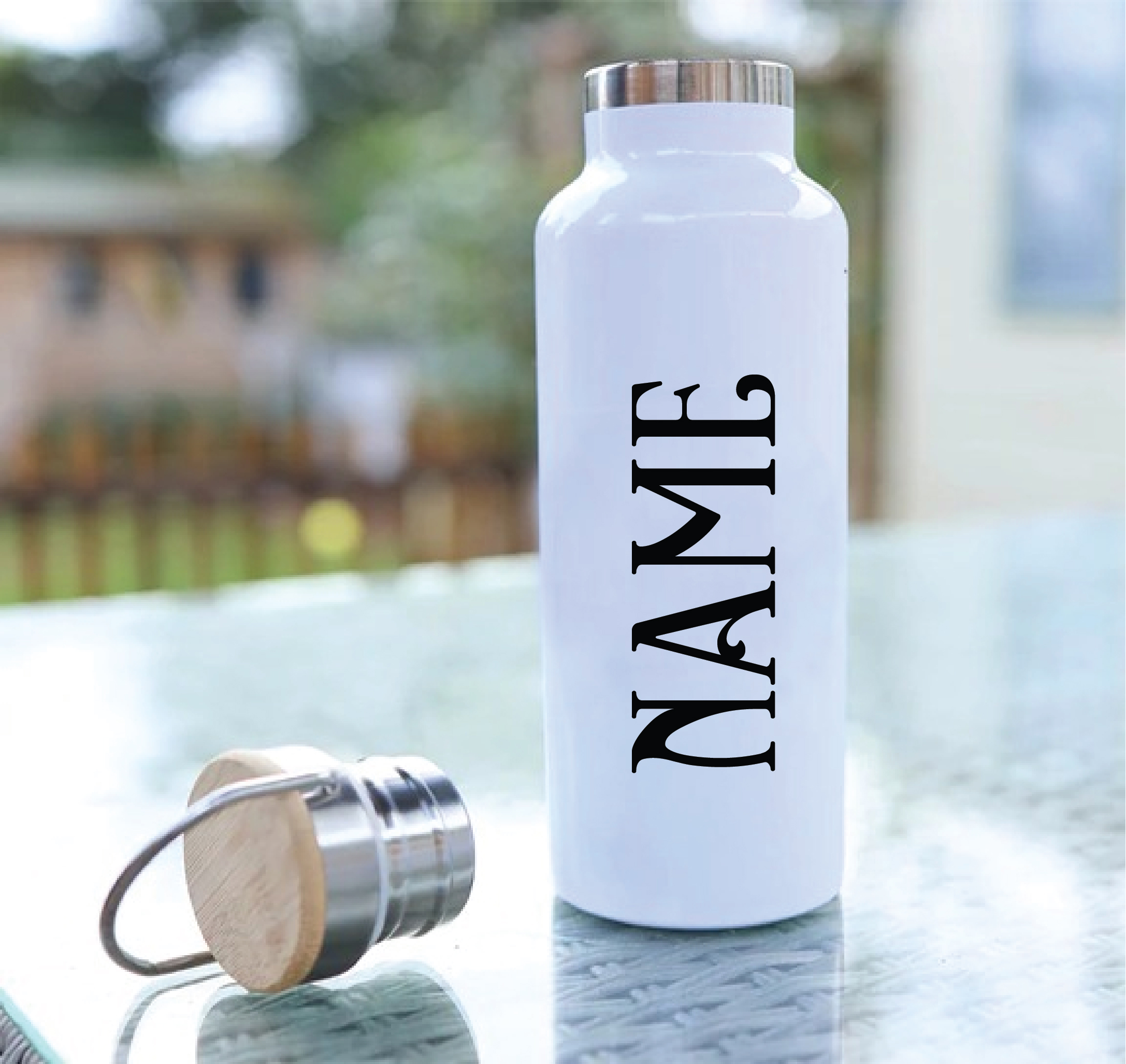 Personalised White Cork Water Bottle with Printed Name 